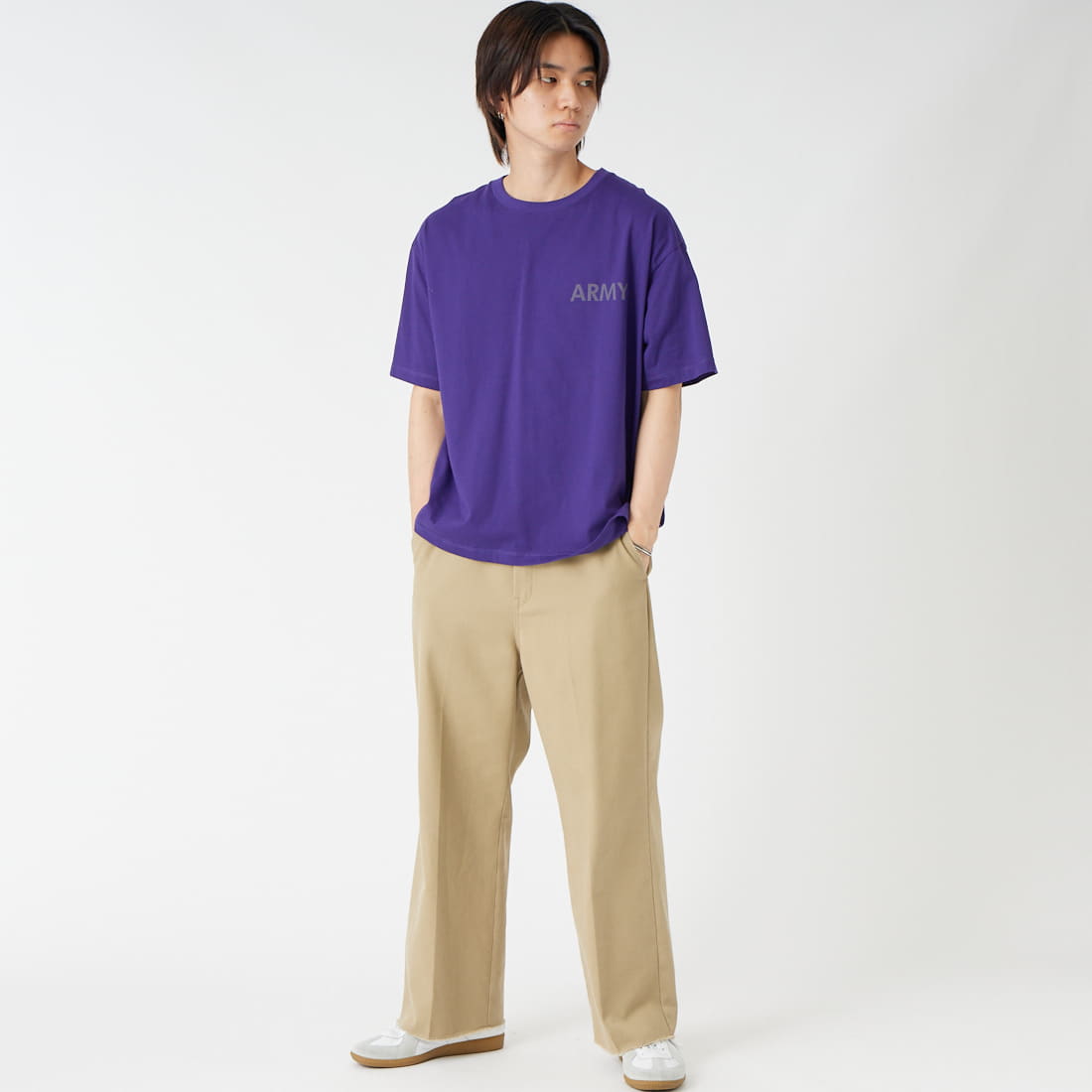 MADE IN STANDARD [メイドインスタンダード] 別注 ARMY ショートスリーブTシャツ [ARMY-TEE-JF]ﾊﾟｰﾌﾟﾙ &&モデル身長：177cm 着用サイズ：M&&