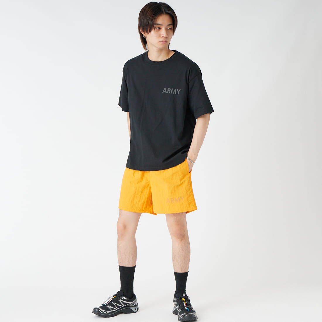 MADE IN STANDARD [メイドインスタンダード] 別注 ARMY ショートスリーブTシャツ [ARMY-TEE-JF]ｽﾐ &&モデル身長：177cm 着用サイズ：M&&