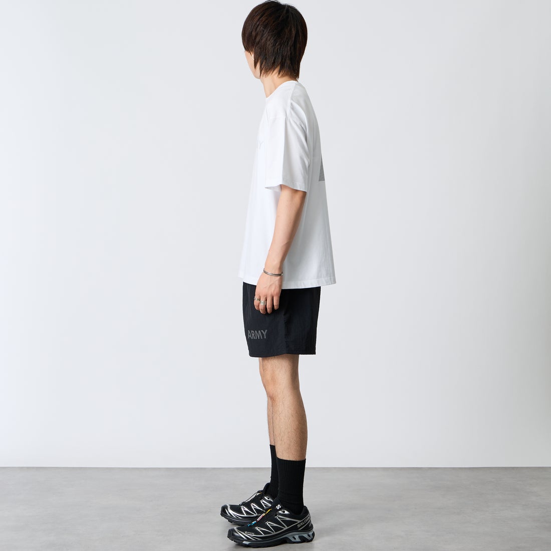 MADE IN STANDARD [メイドインスタンダード] 別注 ARMY ショーツ [ARMY-SHORTS-JF] BLACK &&モデル身長：177cm 着用サイズ：S&&