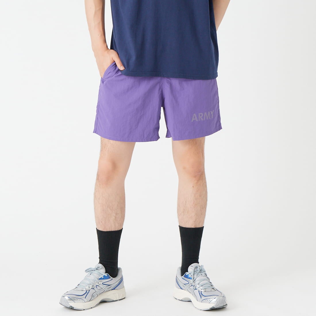 MADE IN STANDARD [メイドインスタンダード] 別注 ARMY ショーツ [ARMY-SHORTS-JF]PURPLE &&モデル身長：177cm 着用サイズ：S&&