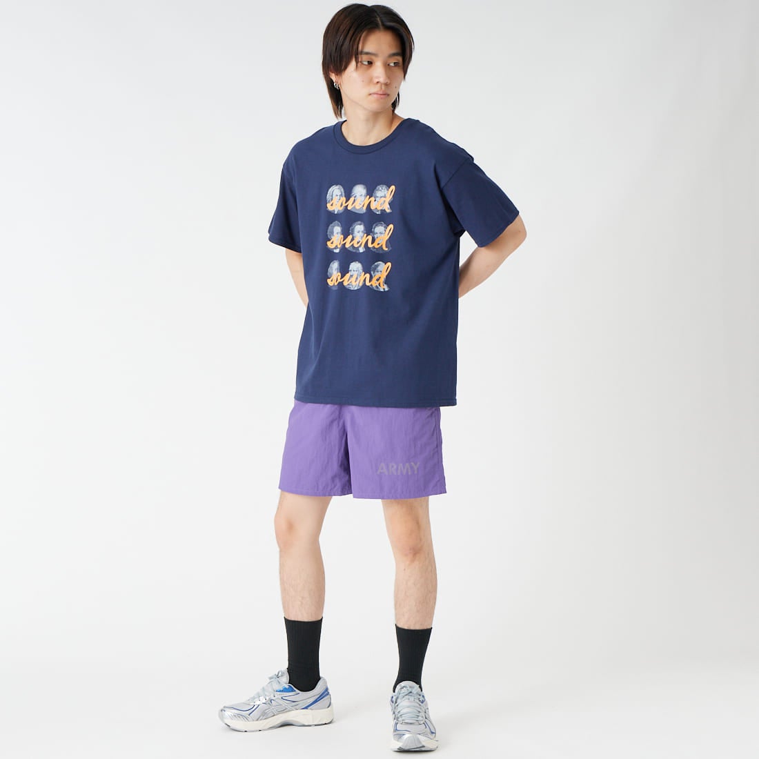 MADE IN STANDARD [メイドインスタンダード] 別注 ARMY ショーツ [ARMY-SHORTS-JF]PURPLE &&モデル身長：177cm 着用サイズ：S&&