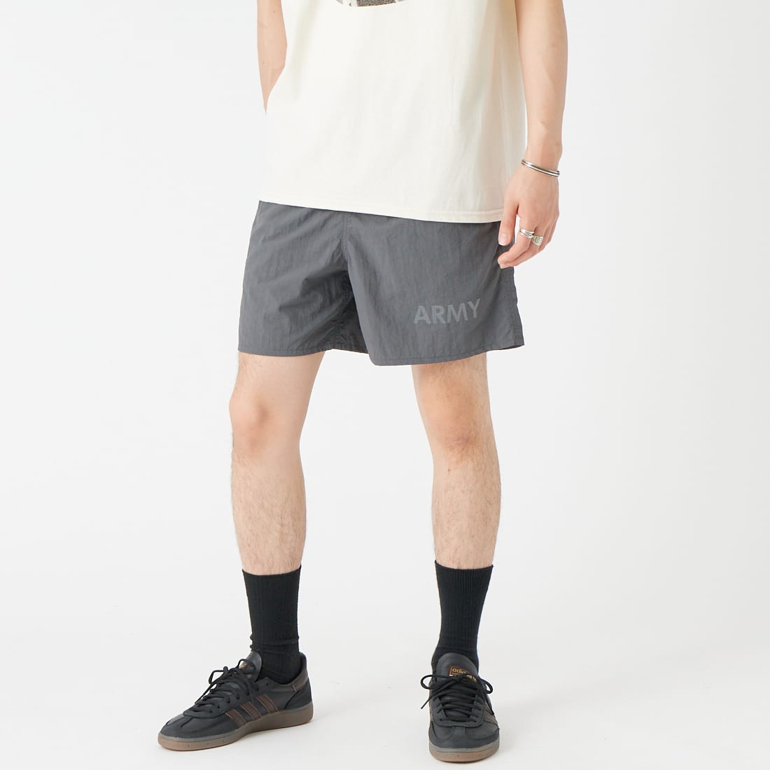 MADE IN STANDARD [メイドインスタンダード] 別注 ARMY ショーツ [ARMY-SHORTS-JF]GRAY &&モデル身長：177cm 着用サイズ：S&&