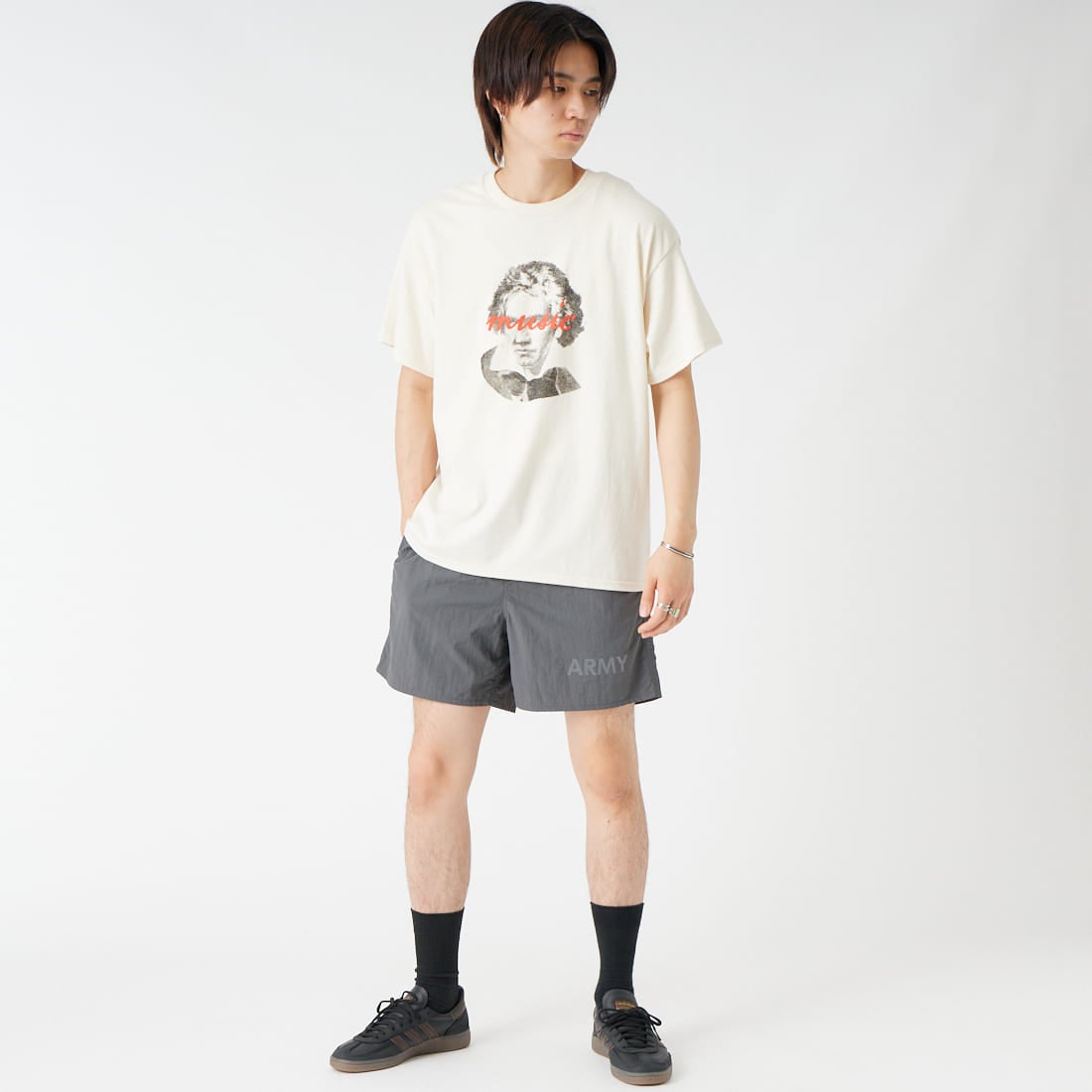 MADE IN STANDARD [メイドインスタンダード] 別注 ARMY ショーツ [ARMY-SHORTS-JF]GRAY &&モデル身長：177cm 着用サイズ：S&&