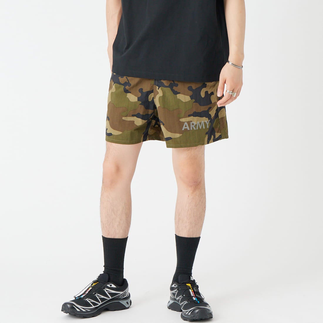 MADE IN STANDARD [メイドインスタンダード] 別注 ARMY ショーツ [ARMY-SHORTS-JF]CAMO &&モデル身長：177cm 着用サイズ：S&&