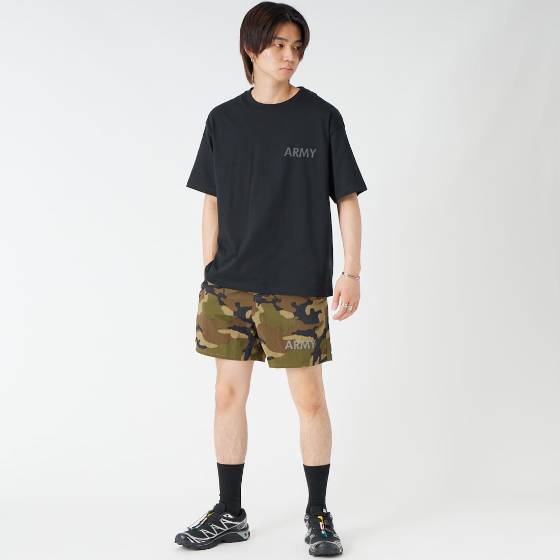 MADE IN STANDARD [メイドインスタンダード] 別注 ARMY ショーツ [ARMY-SHORTS-JF]CAMO &&モデル身長：177cm 着用サイズ：S&&