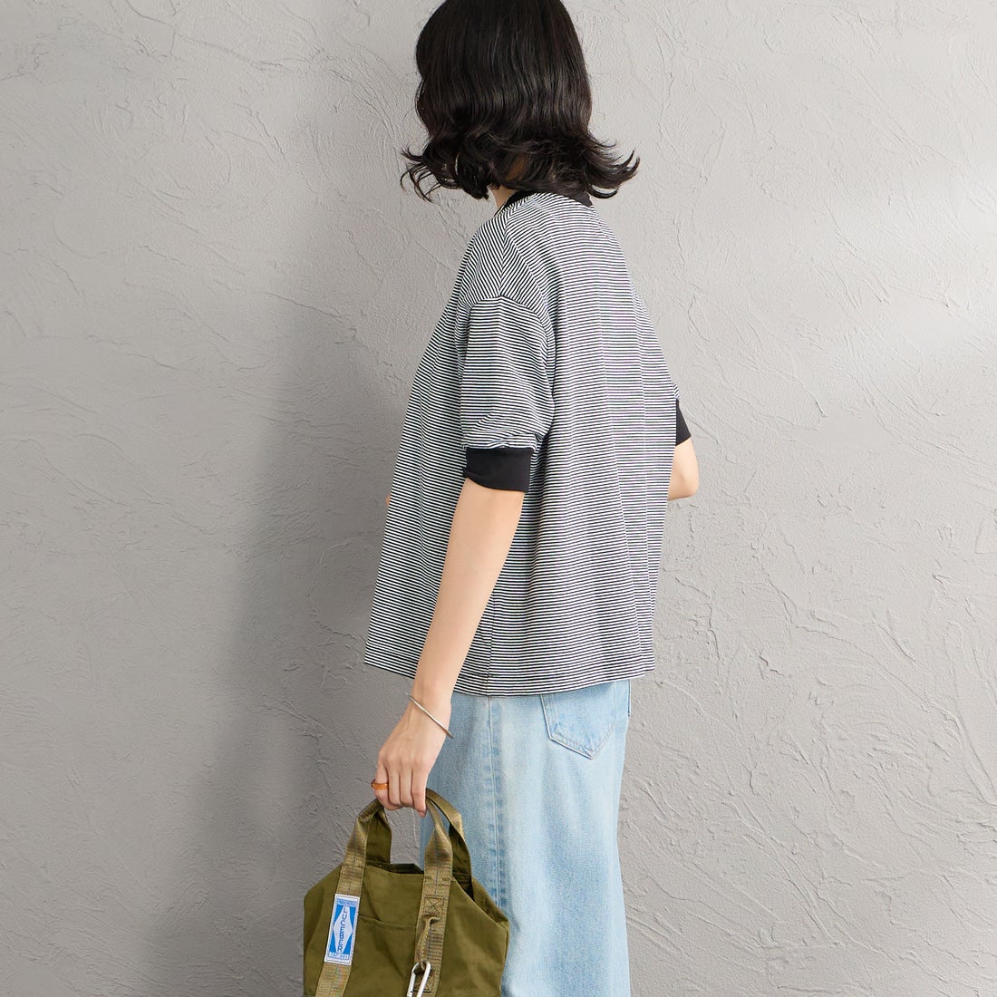 MEYAME [メヤメ] ボーダーハーフスリーブTシャツ [MEY-2438] BLACK &&モデル身長：162cm 着用サイズ：F&&
