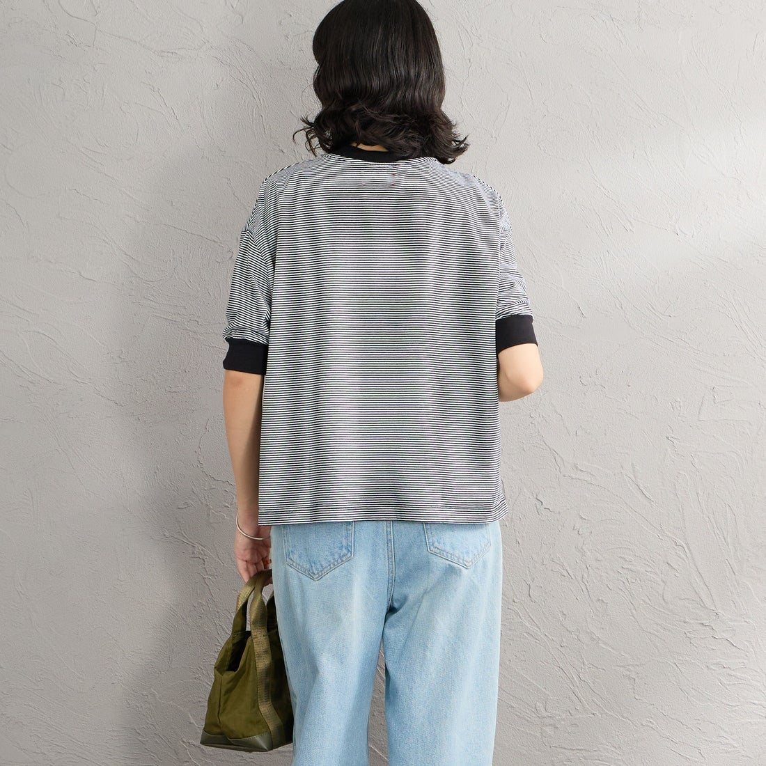 MEYAME [メヤメ] ボーダーハーフスリーブTシャツ [MEY-2438] BLACK &&モデル身長：162cm 着用サイズ：F&&