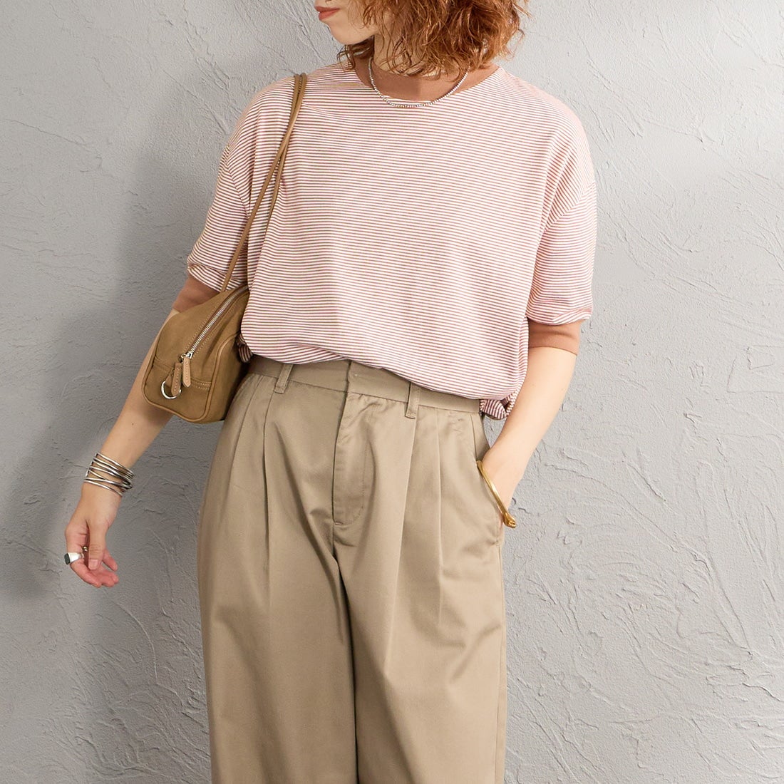 MEYAME [メヤメ] ボーダーハーフスリーブTシャツ [MEY-2438] BROWN &&モデル身長：158cm 着用サイズ：F&&