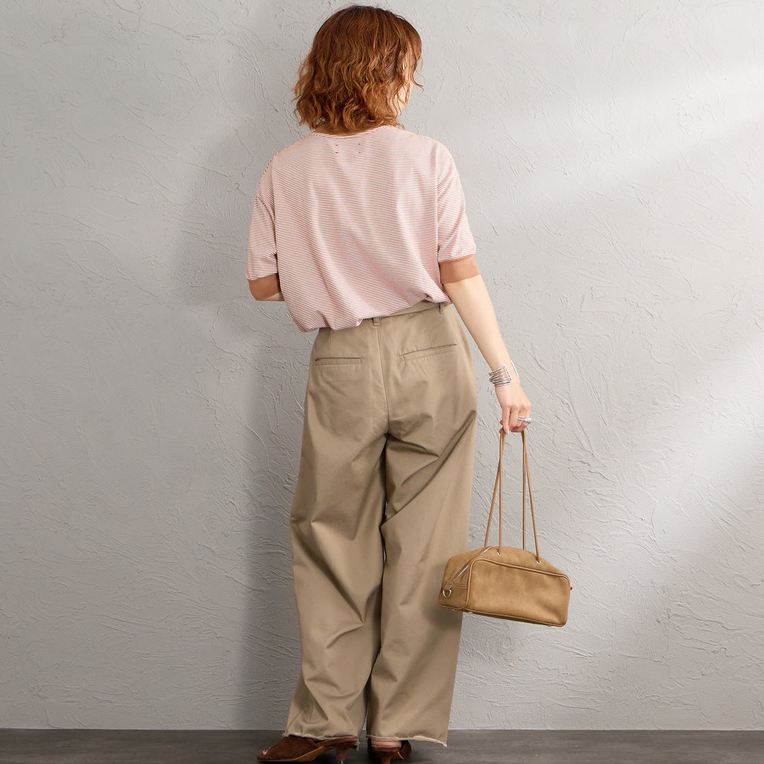 MEYAME [メヤメ] ボーダーハーフスリーブTシャツ [MEY-2438] BROWN &&モデル身長：158cm 着用サイズ：F&&