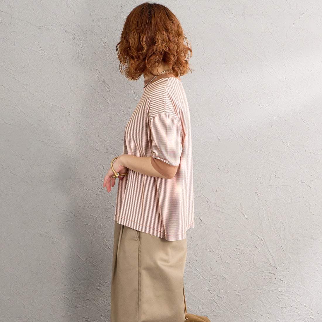 MEYAME [メヤメ] ボーダーハーフスリーブTシャツ [MEY-2438] BROWN &&モデル身長：158cm 着用サイズ：F&&
