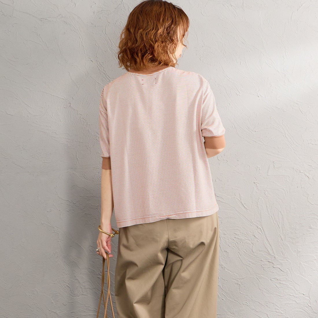 MEYAME [メヤメ] ボーダーハーフスリーブTシャツ [MEY-2438] BROWN &&モデル身長：158cm 着用サイズ：F&&