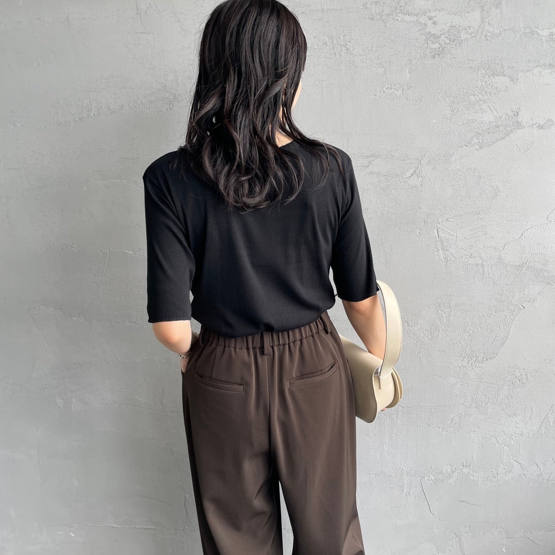 MEYAME [メヤメ] ソフトリブハーフスリーブTシャツ [MEY-2336] BLACK &&モデル身長：160cm 着用サイズ：F&&