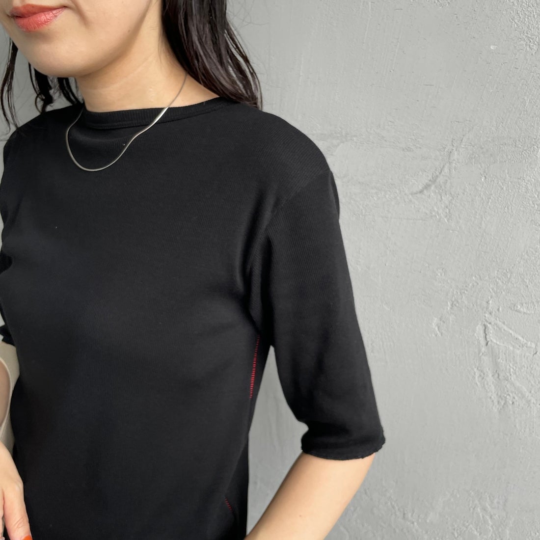 MEYAME [メヤメ] ソフトリブハーフスリーブTシャツ [MEY-2336] BLACK &&モデル身長：160cm 着用サイズ：F&&