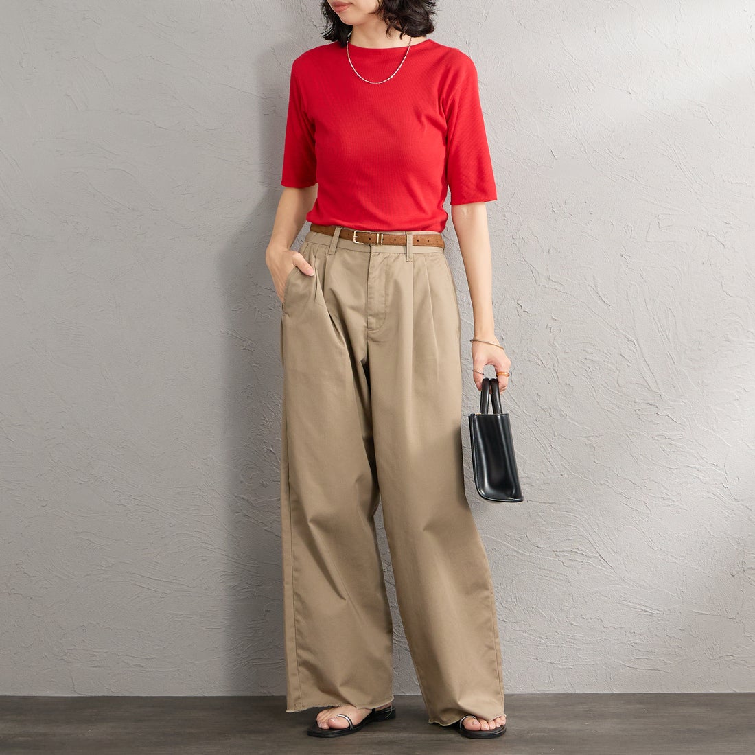 MEYAME [メヤメ] ソフトリブハーフスリーブTシャツ [MEY-2336] RED &&モデル身長：162cm 着用サイズ：F&&