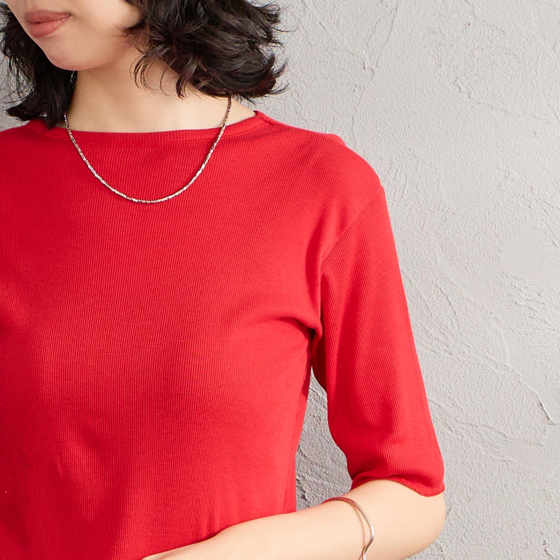 MEYAME [メヤメ] ソフトリブハーフスリーブTシャツ [MEY-2336] RED &&モデル身長：162cm 着用サイズ：F&&
