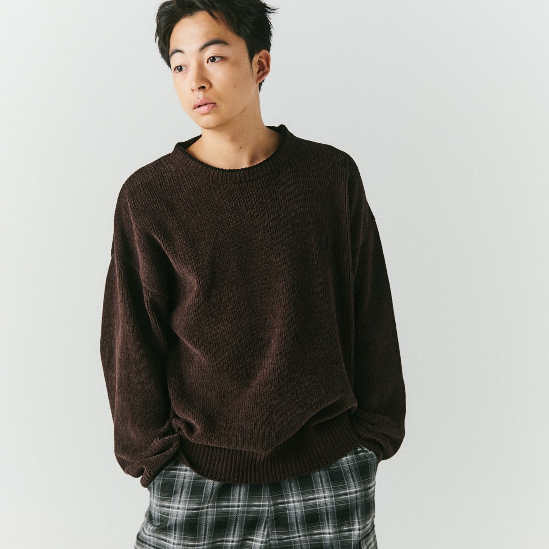 FRED PERRY [フレッドペリー] 別注 ワンポイントロゴ刺繍 クルーネックモールニット [FPM-26A-007JF] RICH BROWN