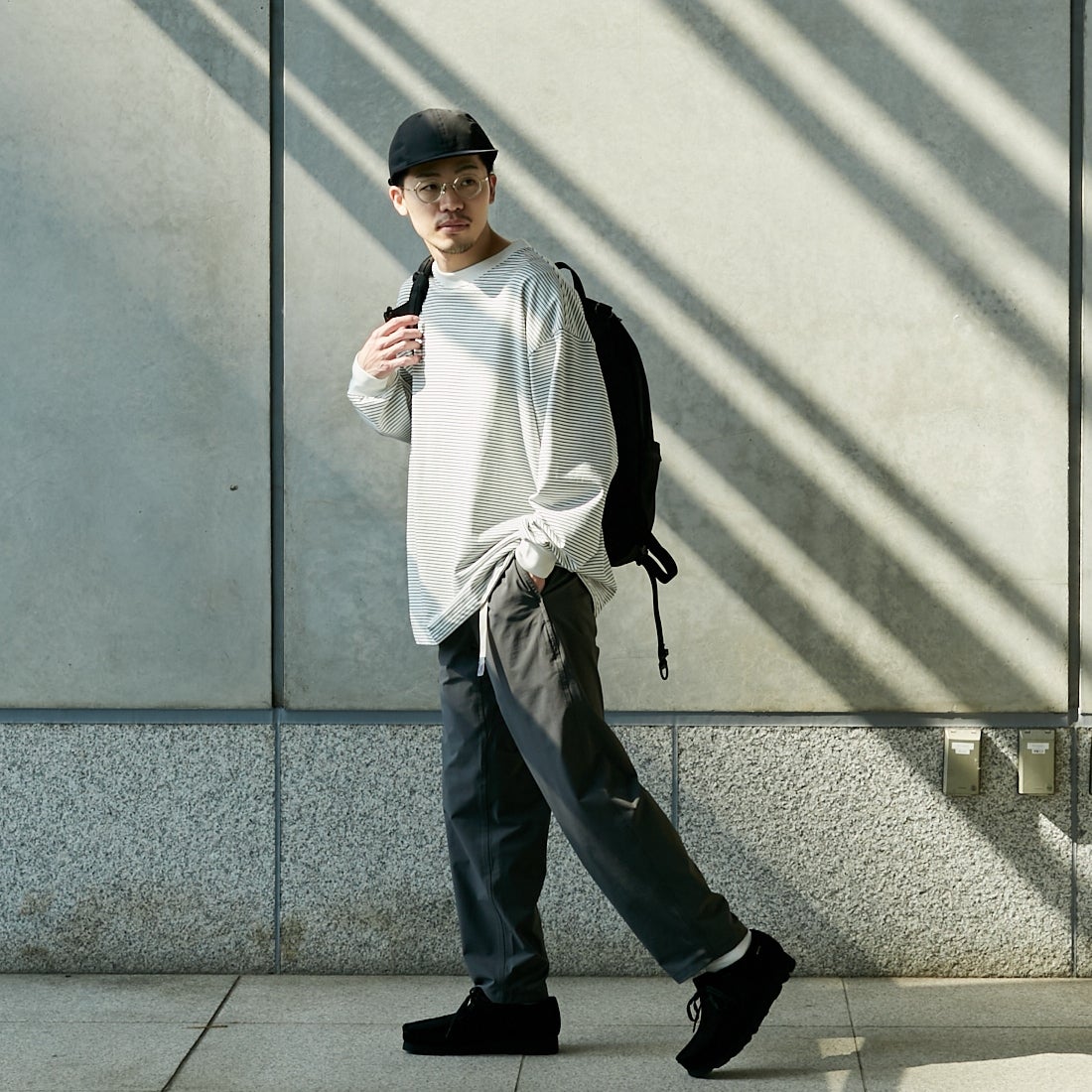 GRAMiCCi [グラミチ] 別注 4WAYストレッチ ナイロンエブリディパンツ [4WAY-EVERYDAY-JF] GRAY &&モデル身長：168cm 着用サイズ：L&&