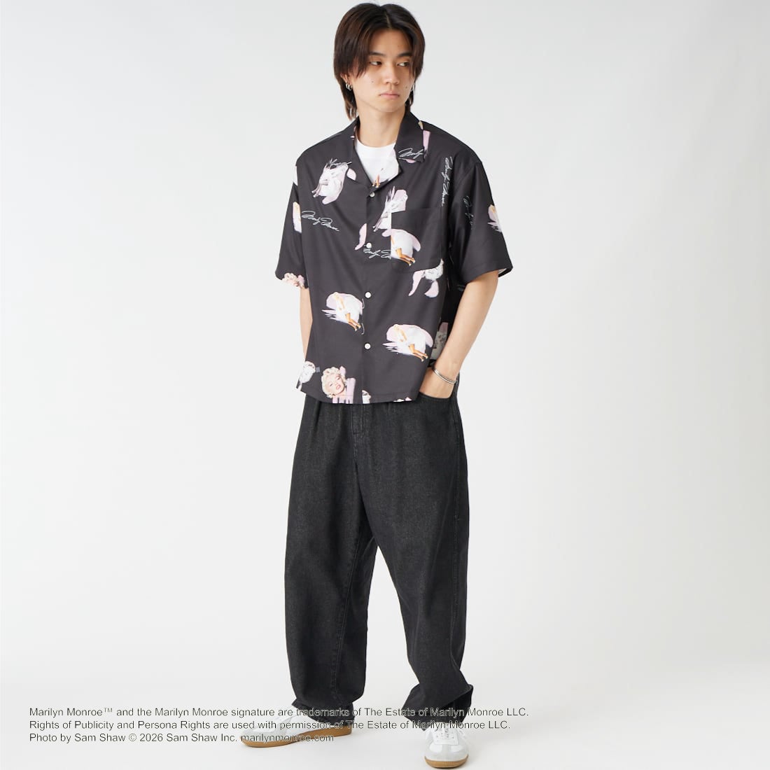 Jeans Factory Clothes [ジーンズファクトリークローズ] MARILYN MONROE / 100TH ANNIVERSARYハワイアンシャツ [JFC-262-041] BLACK &&モデル身長：177cm 着用サイズ：M&&