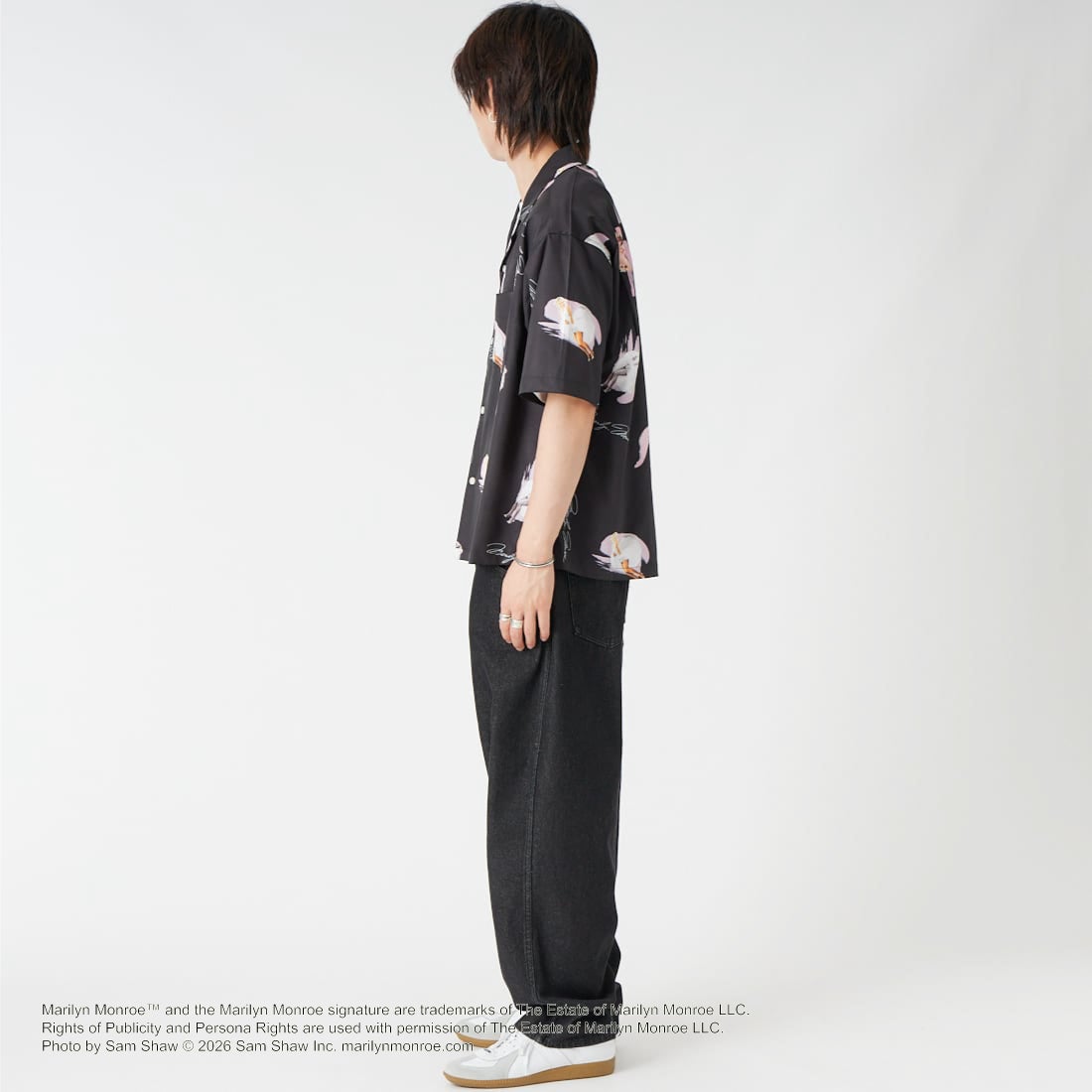 Jeans Factory Clothes [ジーンズファクトリークローズ] MARILYN MONROE / 100TH ANNIVERSARYハワイアンシャツ [JFC-262-041] BLACK &&モデル身長：177cm 着用サイズ：M&&