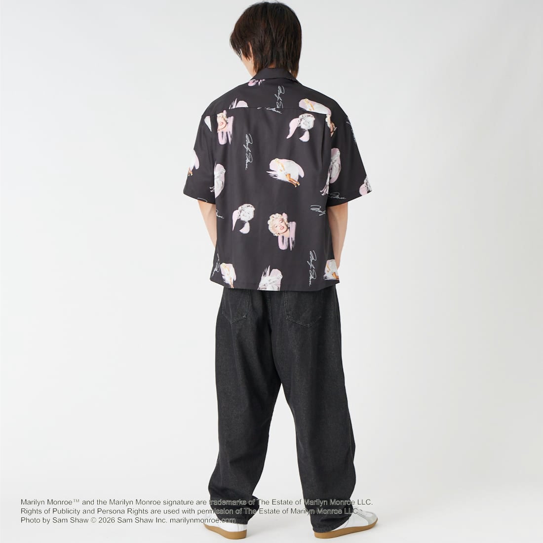Jeans Factory Clothes [ジーンズファクトリークローズ] MARILYN MONROE / 100TH ANNIVERSARYハワイアンシャツ [JFC-262-041] BLACK &&モデル身長：177cm 着用サイズ：M&&