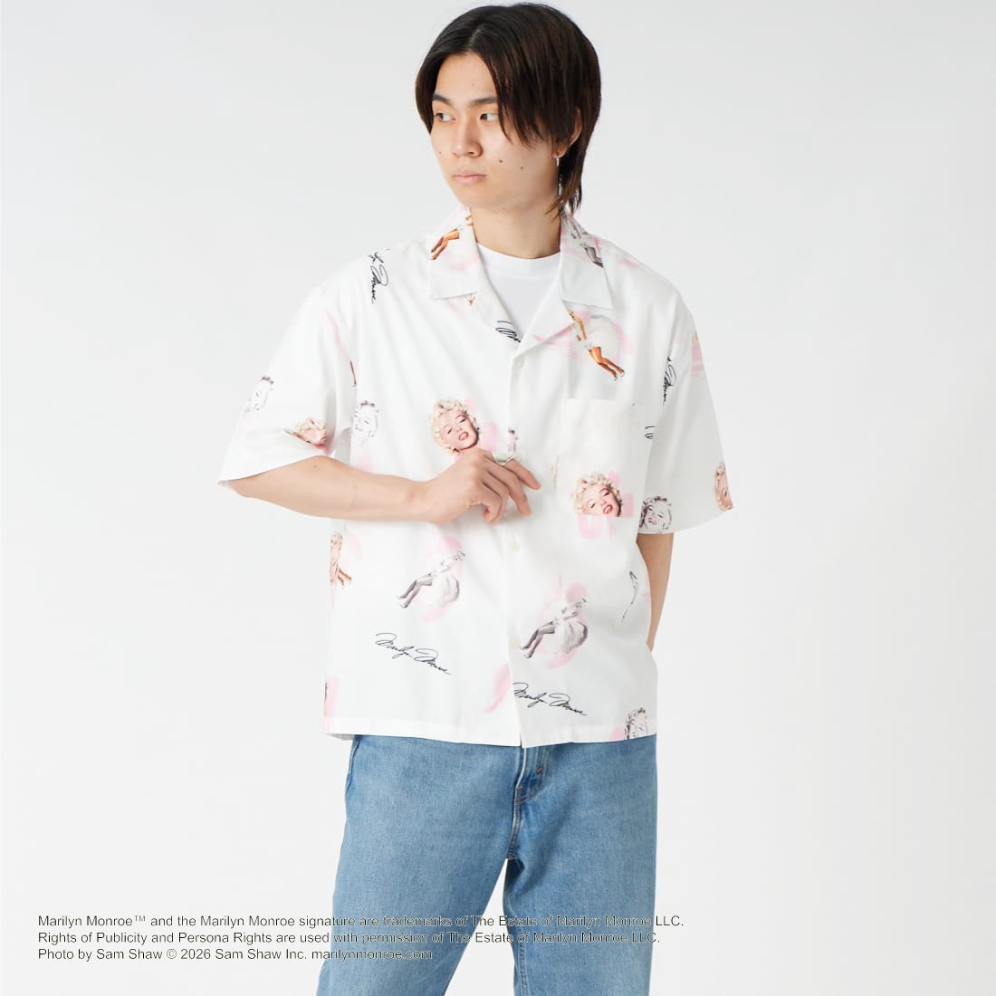 Jeans Factory Clothes [ジーンズファクトリークローズ] MARILYN MONROE / 100TH ANNIVERSARYハワイアンシャツ [JFC-262-041] WHITE &&モデル身長：177cm 着用サイズ：M&&