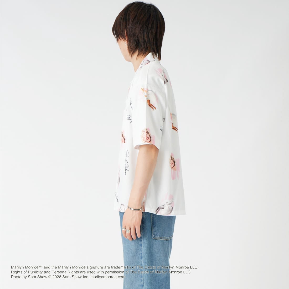 Jeans Factory Clothes [ジーンズファクトリークローズ] MARILYN MONROE / 100TH ANNIVERSARYハワイアンシャツ [JFC-262-041] WHITE &&モデル身長：177cm 着用サイズ：M&&
