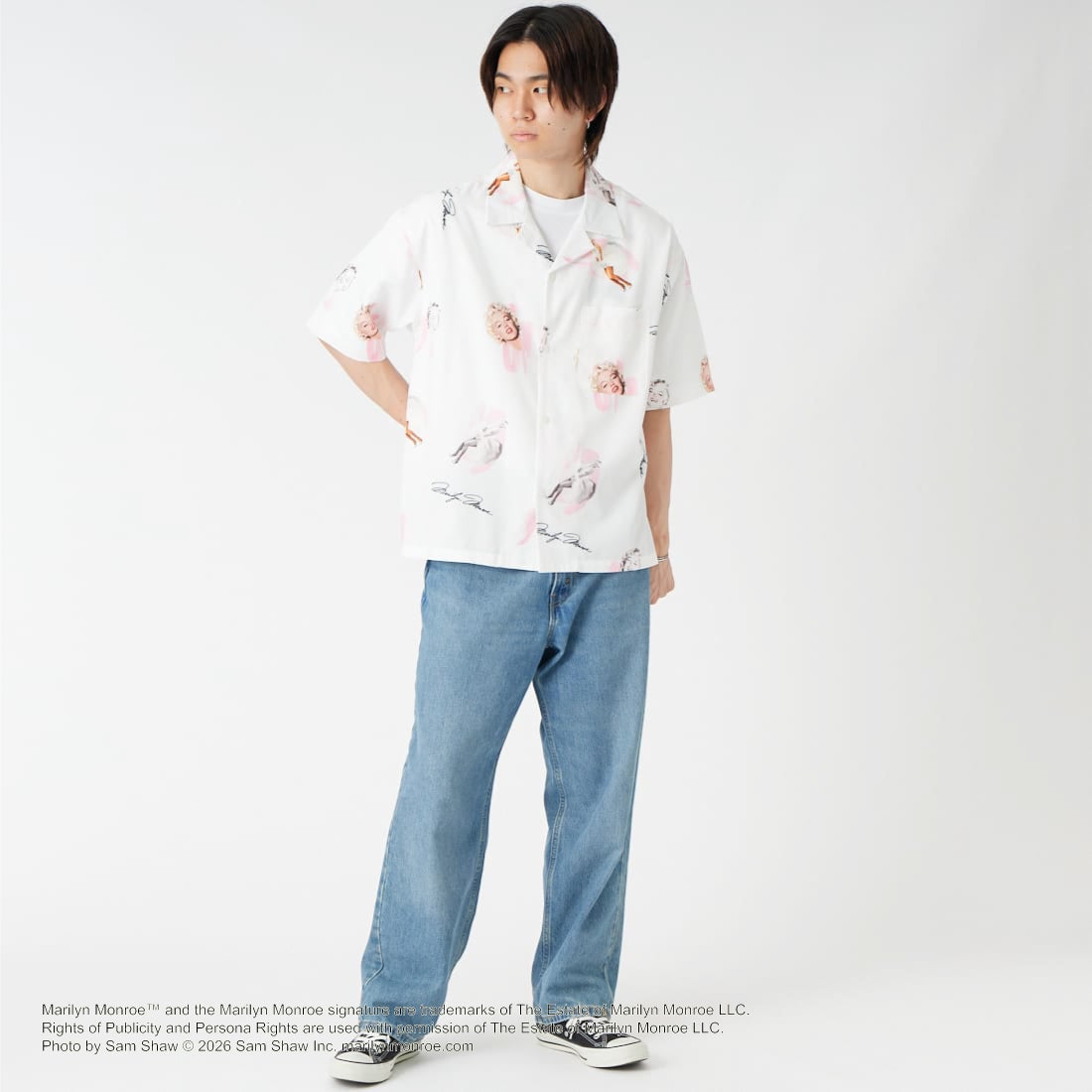 Jeans Factory Clothes [ジーンズファクトリークローズ] MARILYN MONROE / 100TH ANNIVERSARYハワイアンシャツ [JFC-262-041] WHITE &&モデル身長：177cm 着用サイズ：M&&