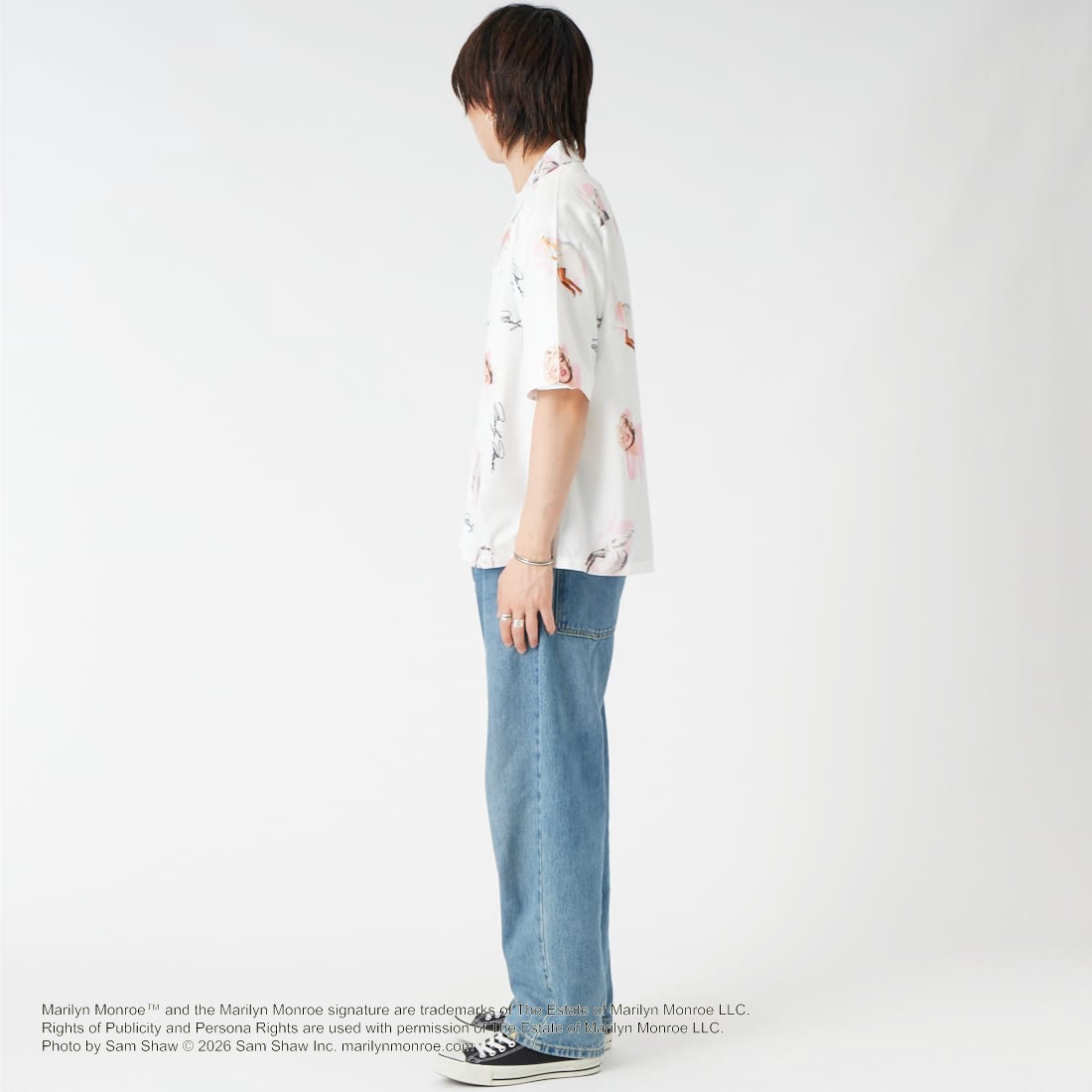 Jeans Factory Clothes [ジーンズファクトリークローズ] MARILYN MONROE / 100TH ANNIVERSARYハワイアンシャツ [JFC-262-041] WHITE &&モデル身長：177cm 着用サイズ：M&&