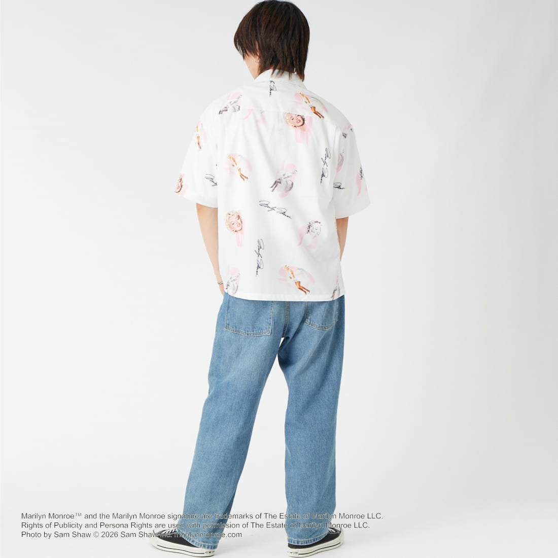 Jeans Factory Clothes [ジーンズファクトリークローズ] MARILYN MONROE / 100TH ANNIVERSARYハワイアンシャツ [JFC-262-041] WHITE &&モデル身長：177cm 着用サイズ：M&&