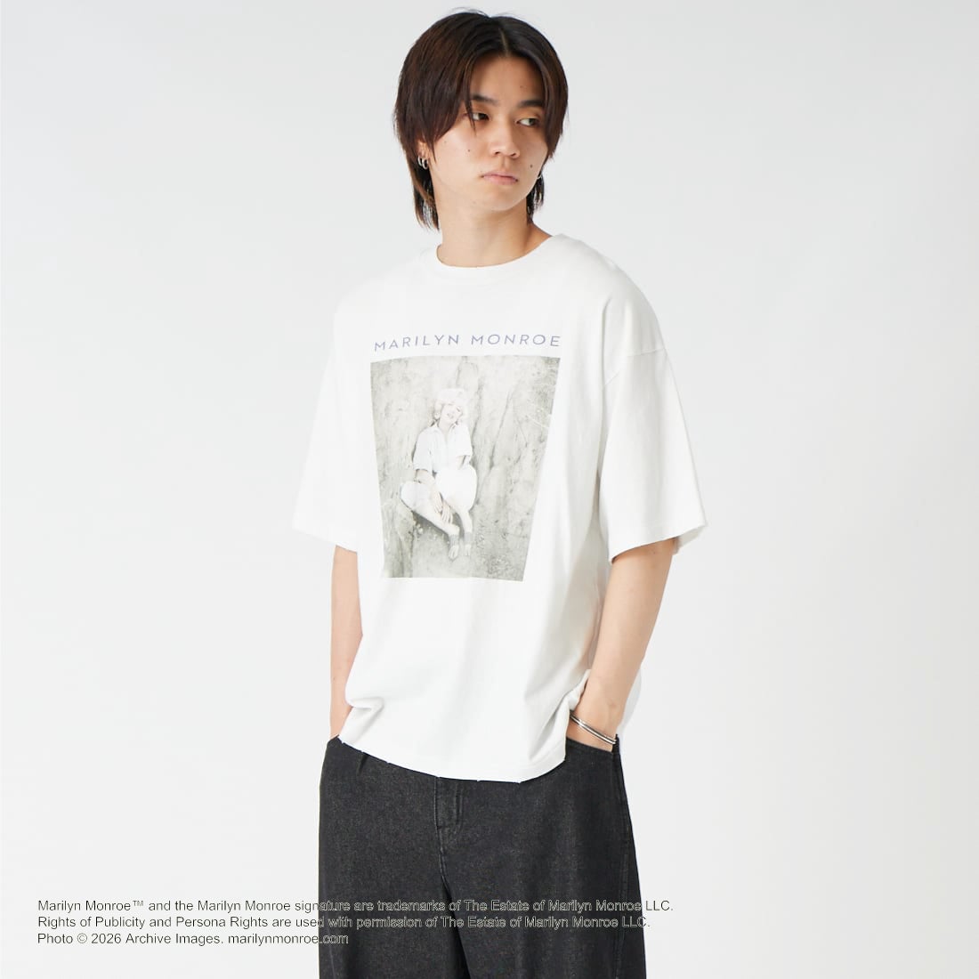Jeans Factory Clothes [ジーンズファクトリークローズ] MARILYN MONROE / 100TH ANNIVERSARY Tシャツ [JFC-262-039] WHITE &&モデル身長：177cm 着用サイズ：L&&