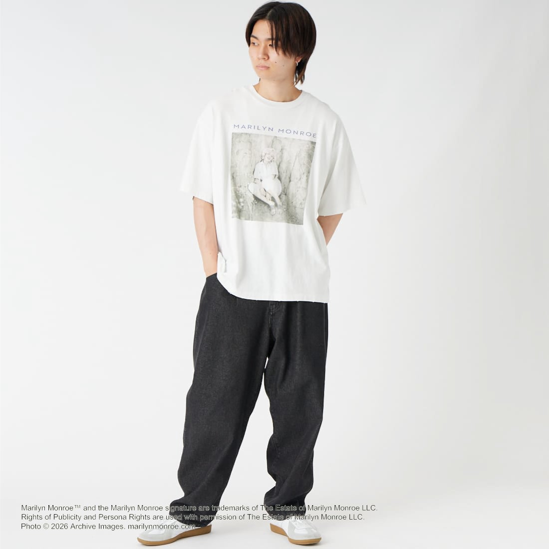Jeans Factory Clothes [ジーンズファクトリークローズ] MARILYN MONROE / 100TH ANNIVERSARY Tシャツ [JFC-262-039] WHITE &&モデル身長：177cm 着用サイズ：L&&