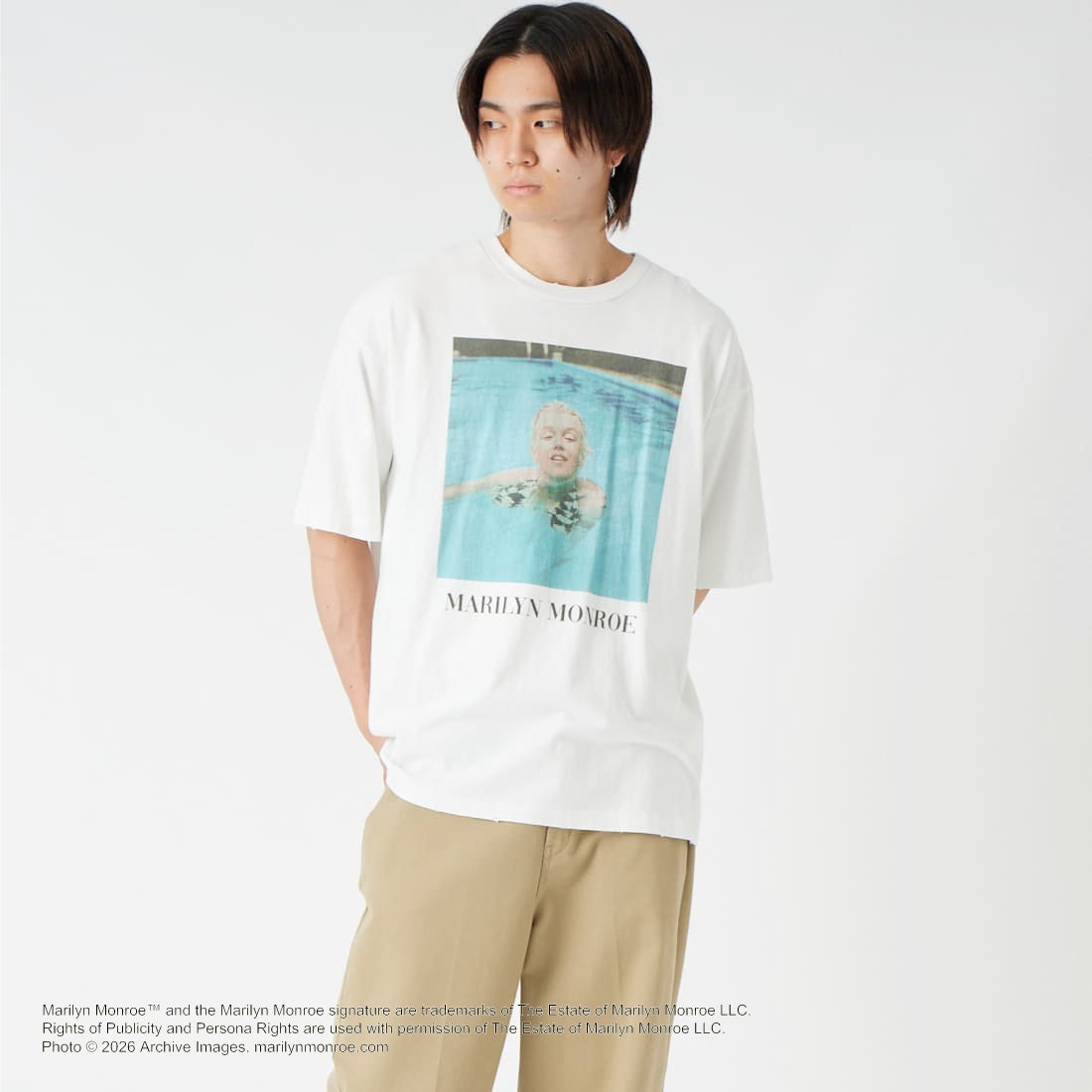 Jeans Factory Clothes [ジーンズファクトリークローズ] MARILYN MONROE / 100TH ANNIVERSARY Tシャツ [JFC-262-040] WHITE &&モデル身長：177cm 着用サイズ：L&&
