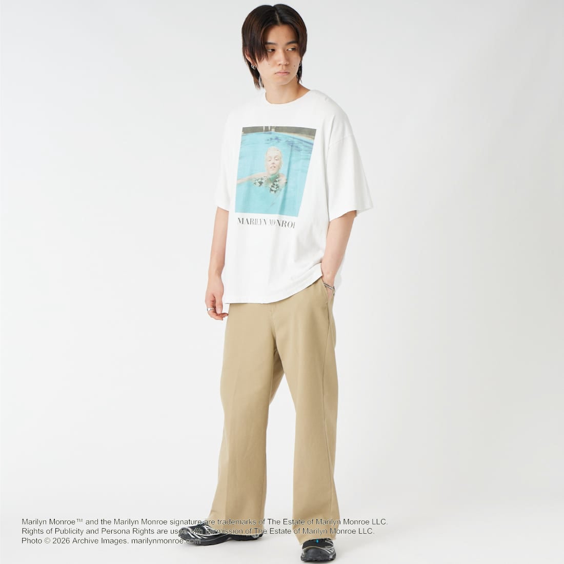 Jeans Factory Clothes [ジーンズファクトリークローズ] MARILYN MONROE / 100TH ANNIVERSARY Tシャツ [JFC-262-040] WHITE &&モデル身長：177cm 着用サイズ：L&&