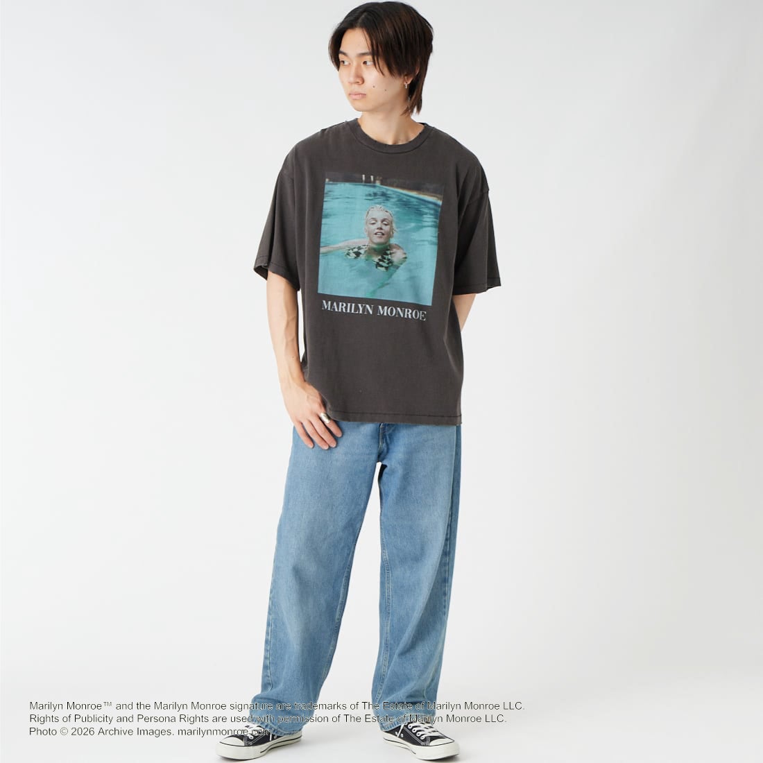 Jeans Factory Clothes [ジーンズファクトリークローズ] MARILYN MONROE / 100TH ANNIVERSARY Tシャツ [JFC-262-040] BLACK &&モデル身長：177cm 着用サイズ：L&&