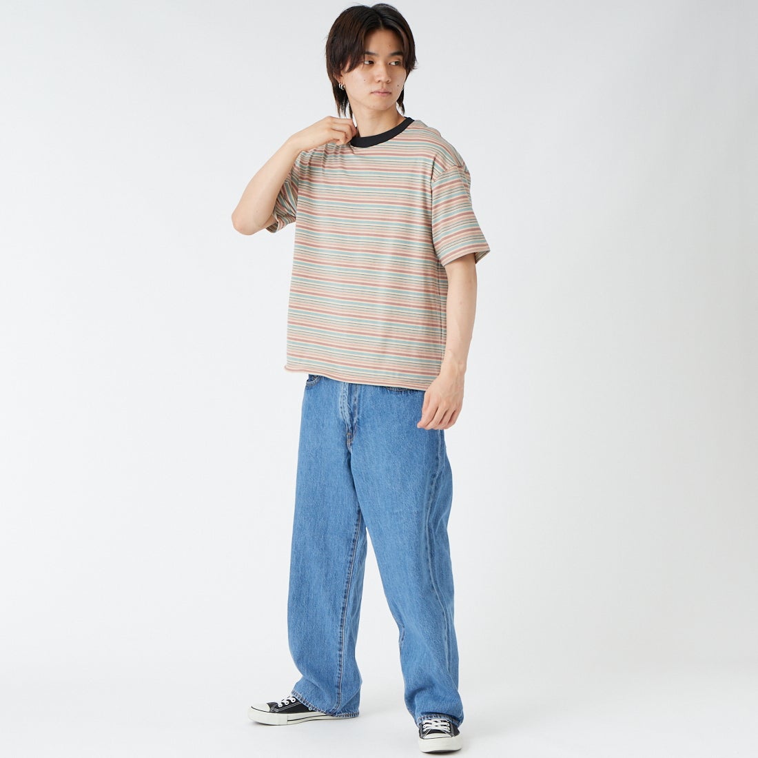 SCREEN STARS [スクリーンスターズ] 別注 マルチボーダードローコードTシャツ [2622-231IN-JF] BEIGE &&モデル身長：177cm 着用サイズ：M&&