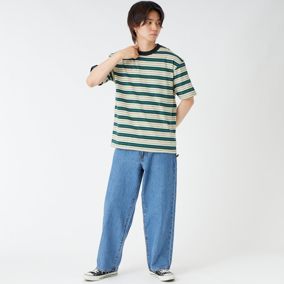 SCREEN STARS [スクリーンスターズ] 別注 マルチボーダードローコードTシャツ [2622-231IN-JF] GREEN &&モデル身長：177cm 着用サイズ：M&&