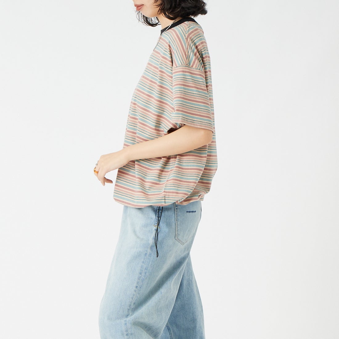 SCREEN STARS [スクリーンスターズ] 別注 マルチボーダードローコードTシャツ [2622-231IN-JF] BEIGE &&モデル身長：162cm 着用サイズ：F&&