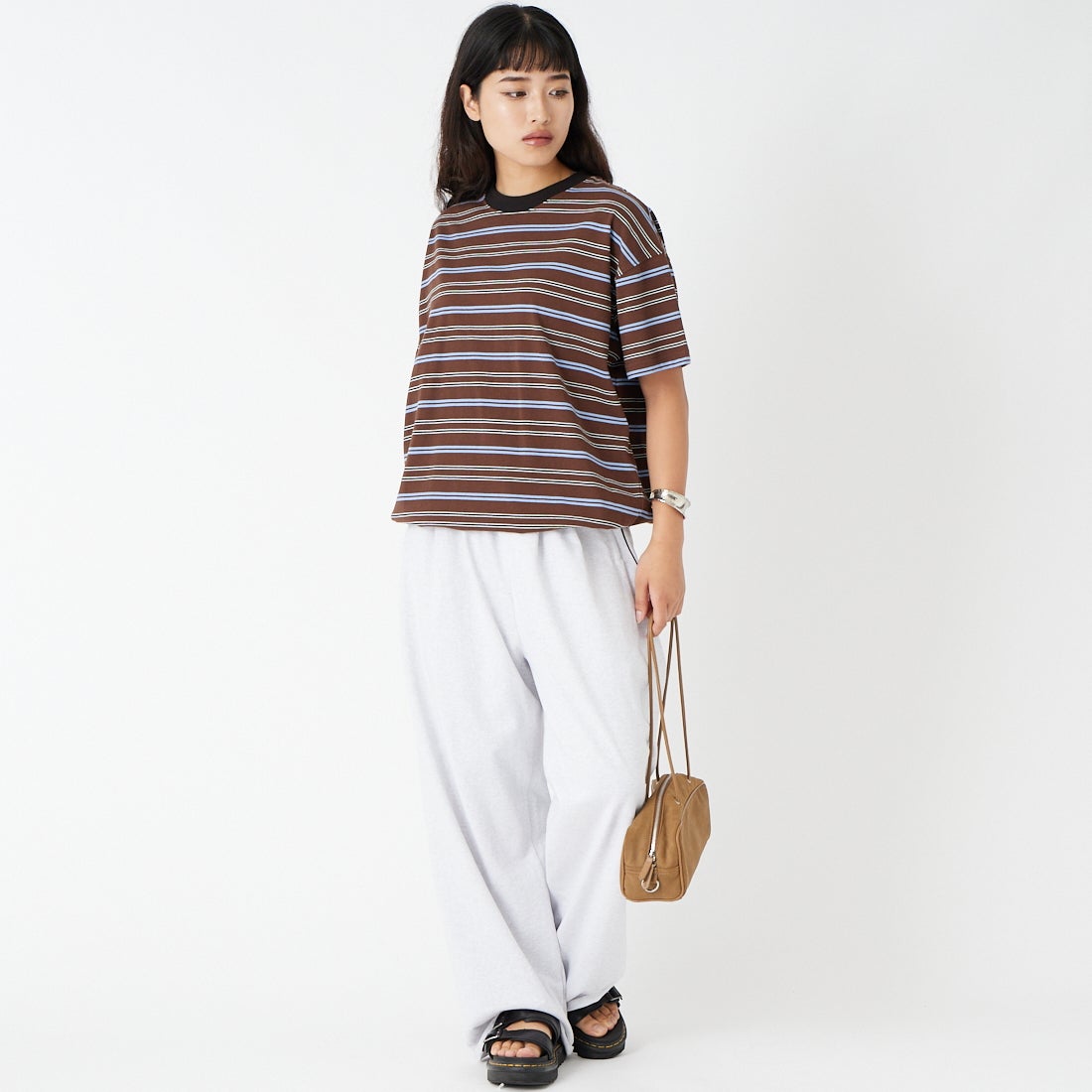 SCREEN STARS [スクリーンスターズ] 別注 マルチボーダードローコードTシャツ [2622-231IN-JF] BROWN &&モデル身長：162cm 着用サイズ：F&&
