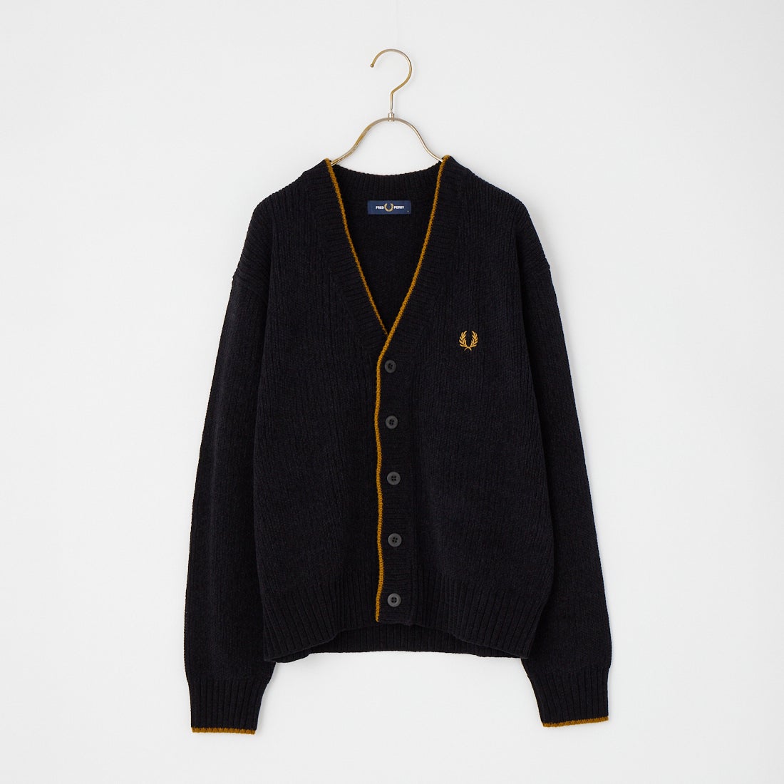 FRED PERRY [フレッドペリー] 別注 ワンポイントロゴ刺繍 Vネックモールニットカーディガン [FPM-26A-006JF] BLACK/DARK
