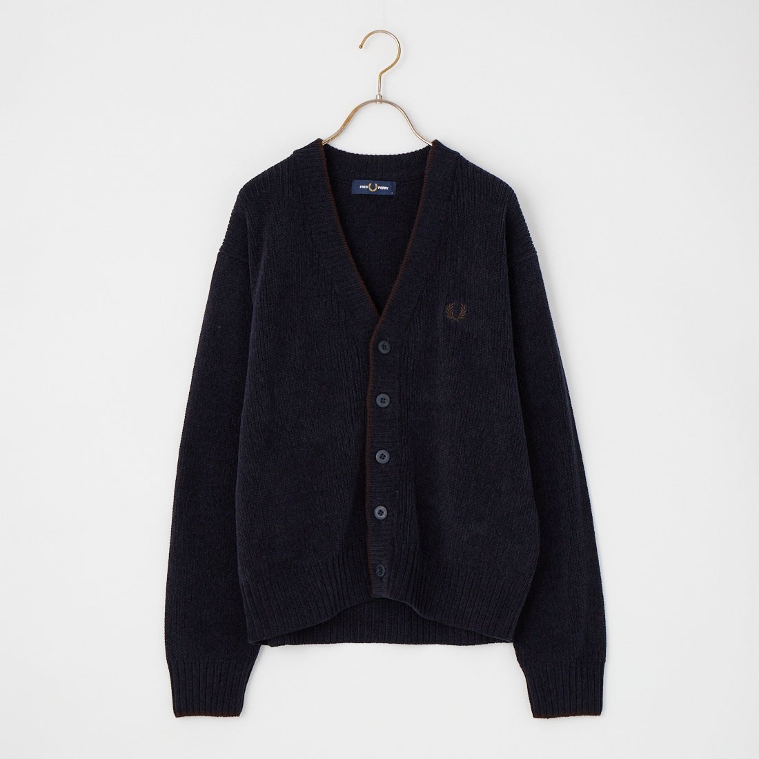 FRED PERRY [フレッドペリー] 別注 ワンポイントロゴ刺繍 Vネックモールニットカーディガン [FPM-26A-006JF] NAVY/RICH