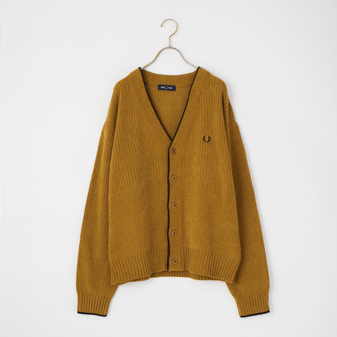 FRED PERRY [フレッドペリー] 別注 ワンポイントロゴ刺繍 Vネックモールニットカーディガン [FPM-26A-006JF] DARK CARAM