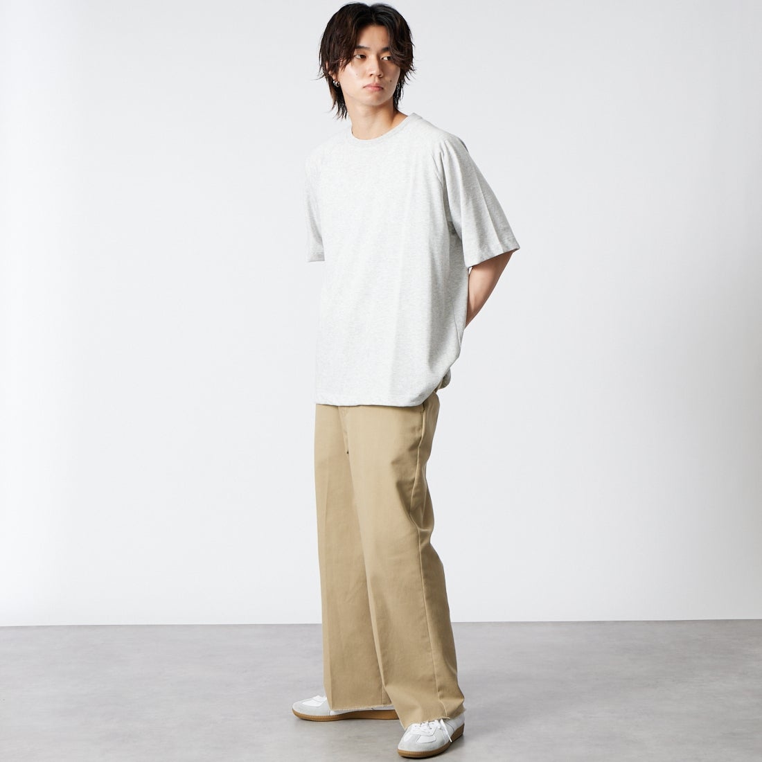 Jeans Factory Clothes [ジーンズファクトリークローズ] ドットエアリードローコードTシャツ [AK262133] ASH &&モデル身長：177cm 着用サイズ：M&&