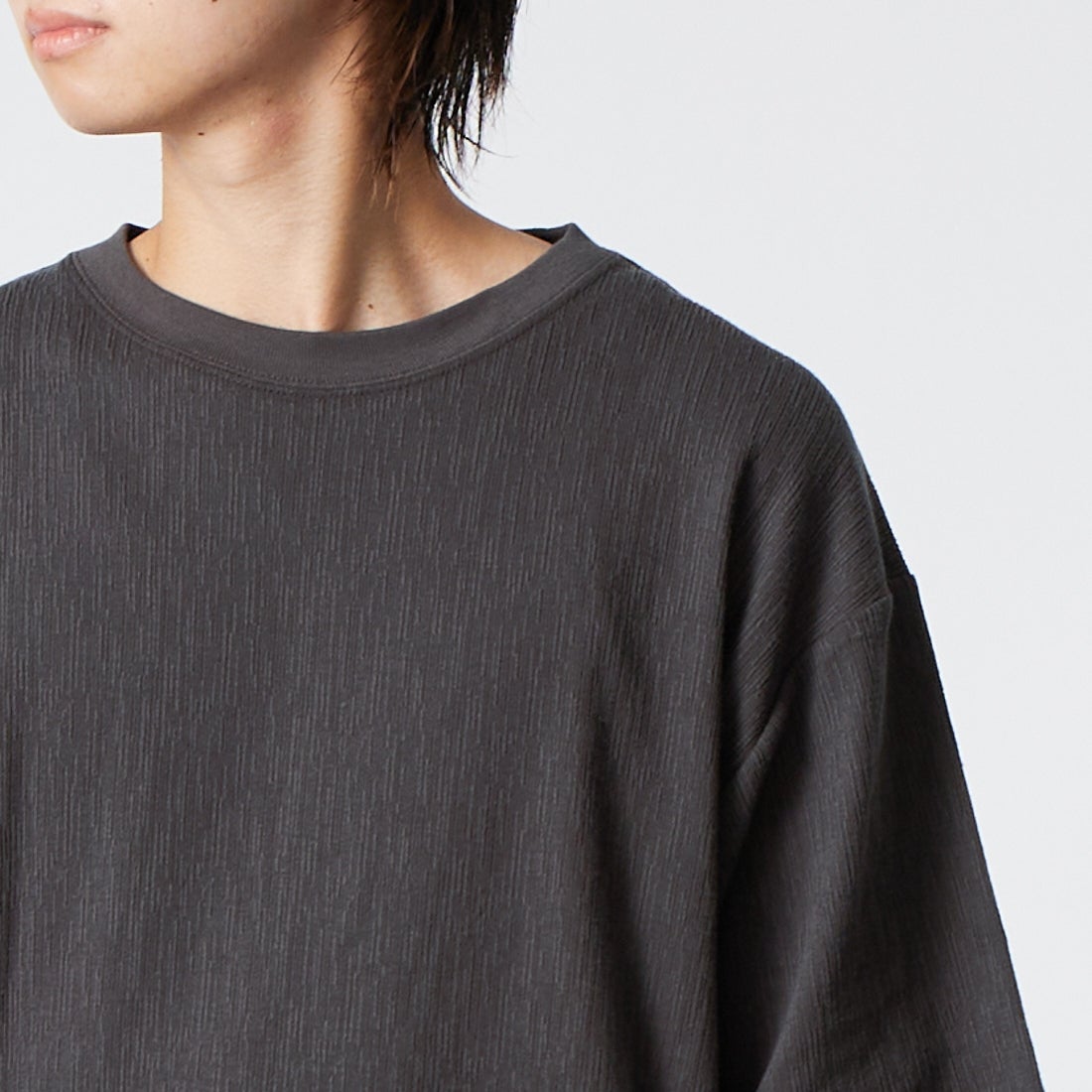 Jeans Factory Clothes [ジーンズファクトリークローズ] 楊柳バインダークルーネックTシャツ [AK262135] I.BLK &&モデル身長：177cm 着用サイズ：L&&
