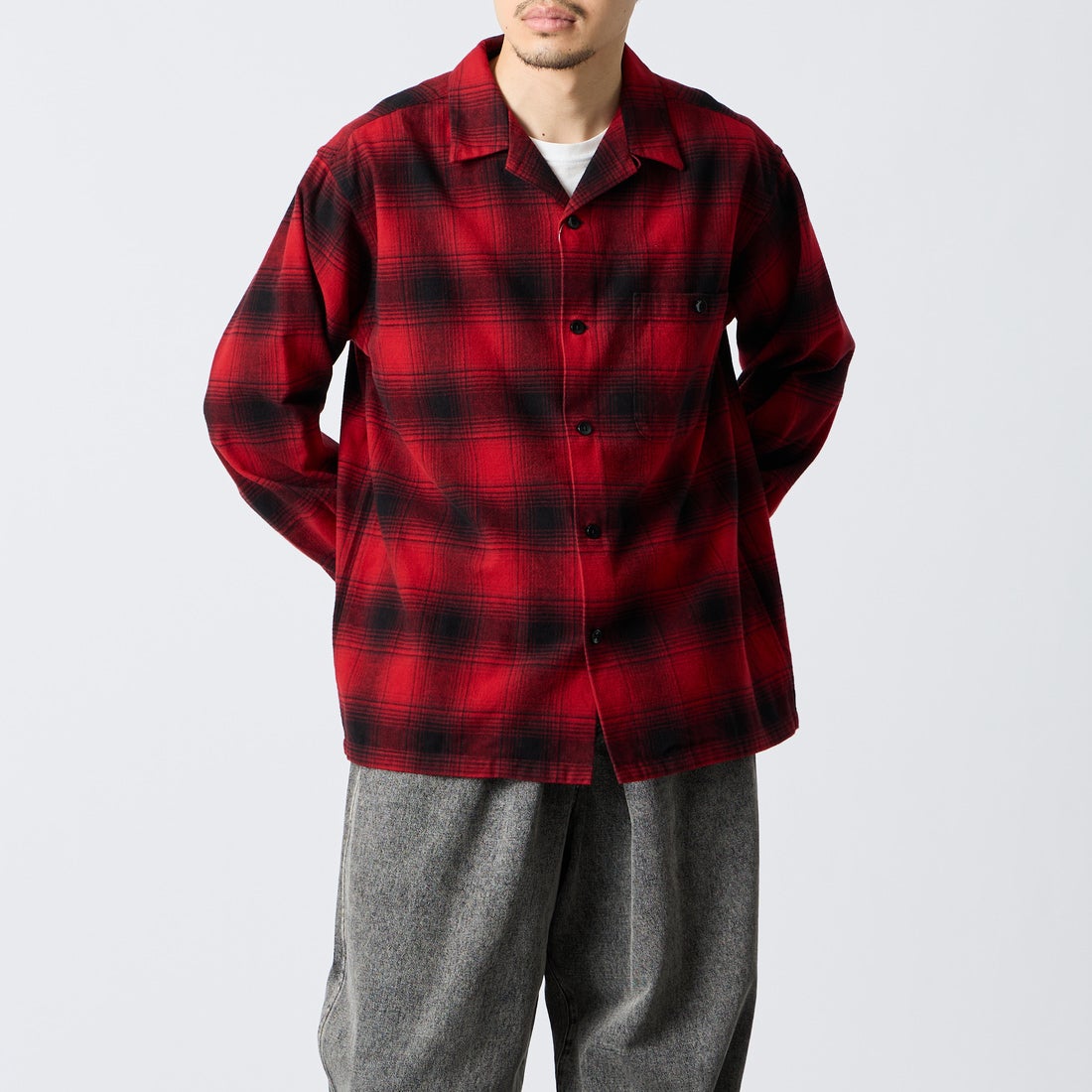PENDLETON [ペンドルトン] 別注 シングルポケット オンブレチェックシャツ [6475-5215-JF] RED/BLACK &&モデル身長：168cm 着用サイズ：M&&