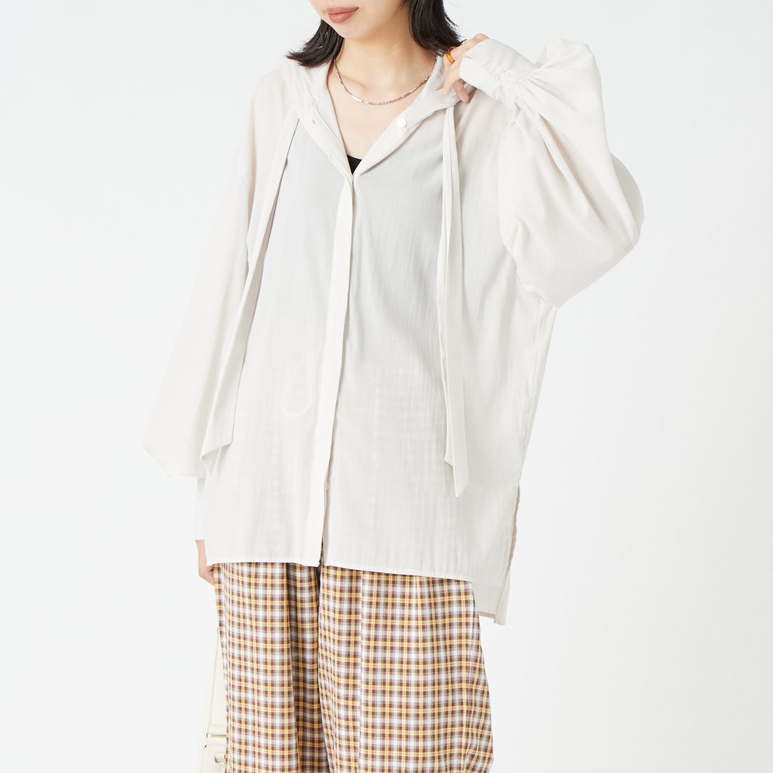 CLOCHE [クロシェ] シアーシャツパーカー [65285559] ｵﾌ &&モデル身長：162cm 着用サイズ：2&&