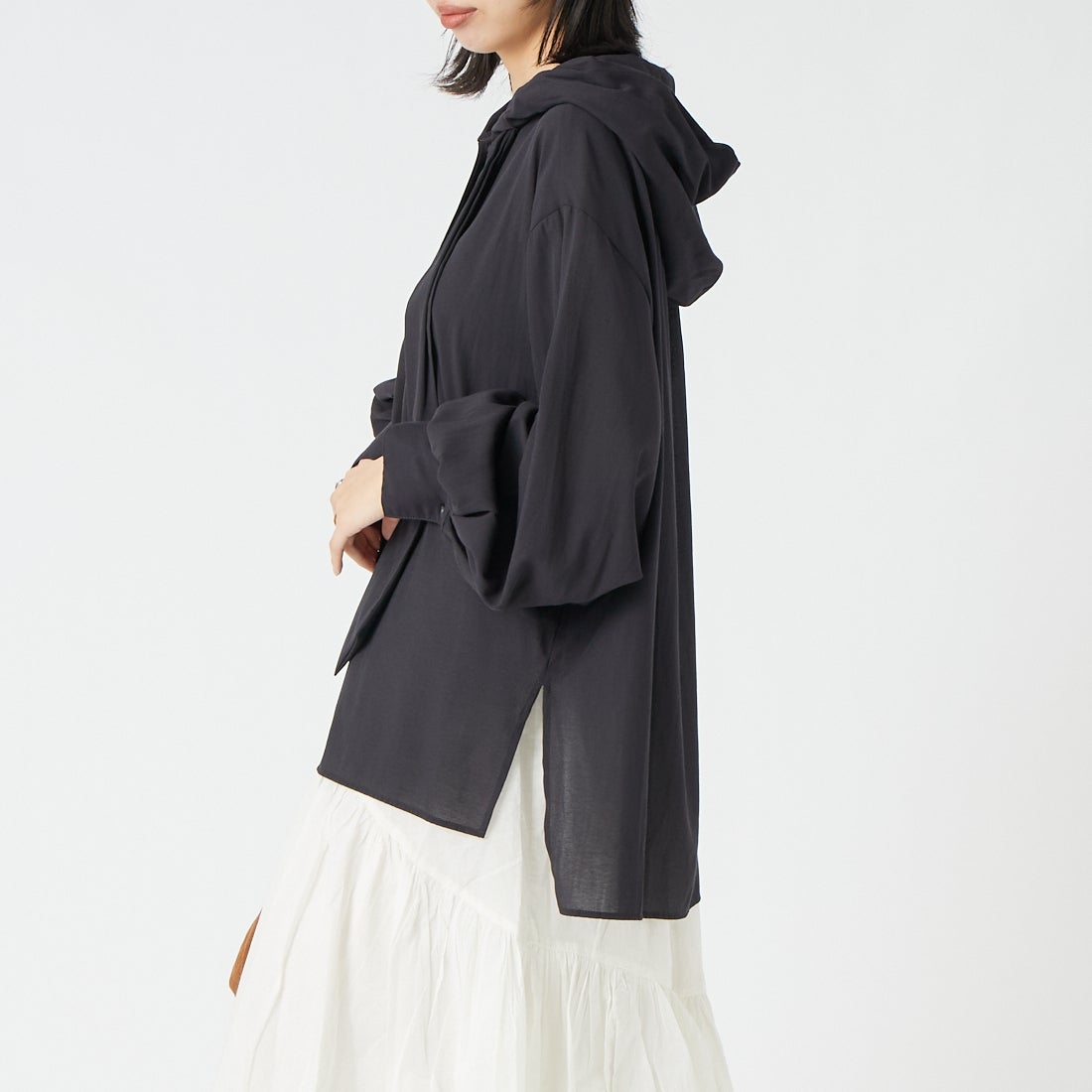 CLOCHE [クロシェ] シアーシャツパーカー [65285559] ﾌﾞﾗｯｸ &&モデル身長：162cm 着用サイズ：2&&