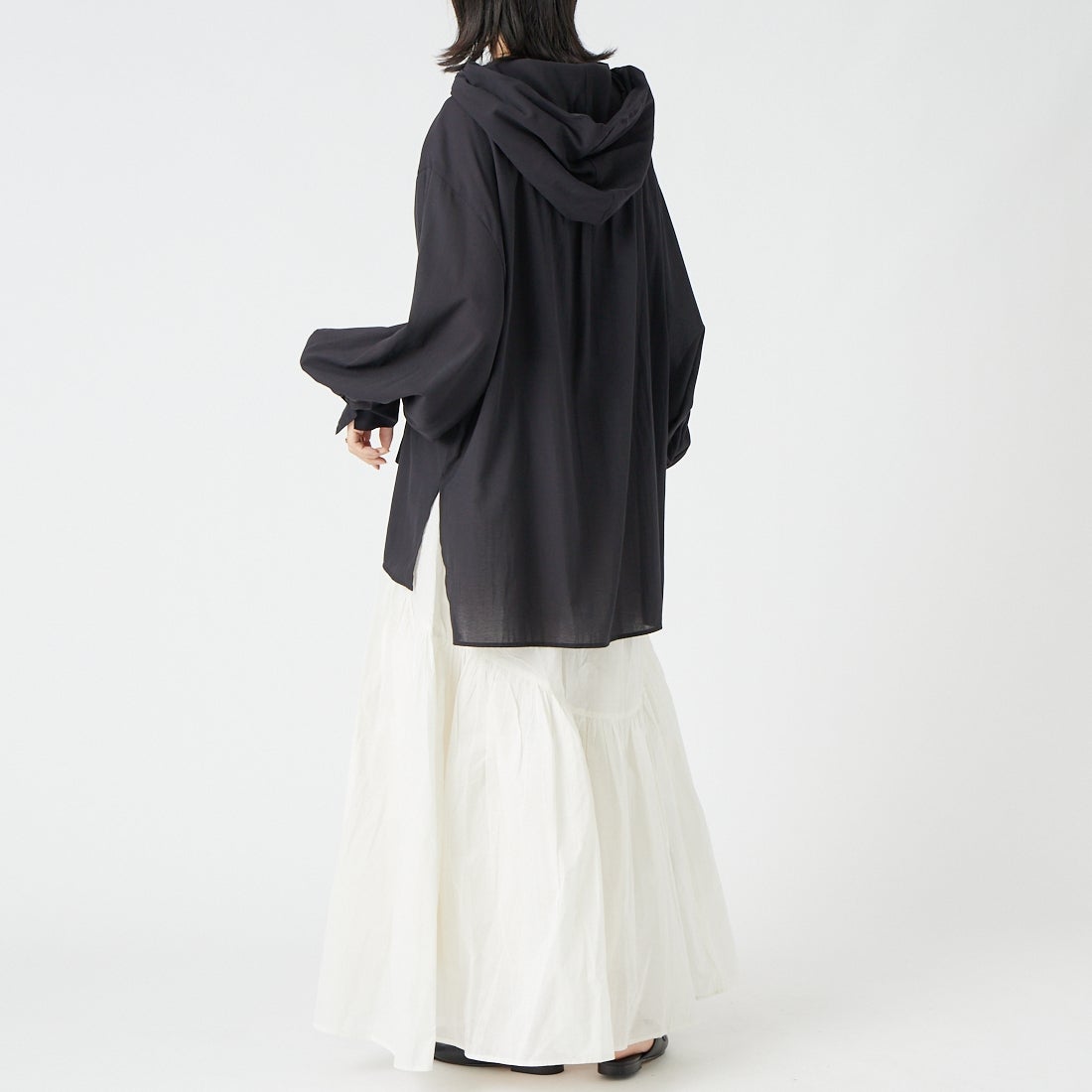 CLOCHE [クロシェ] シアーシャツパーカー [65285559] ﾌﾞﾗｯｸ &&モデル身長：162cm 着用サイズ：2&&