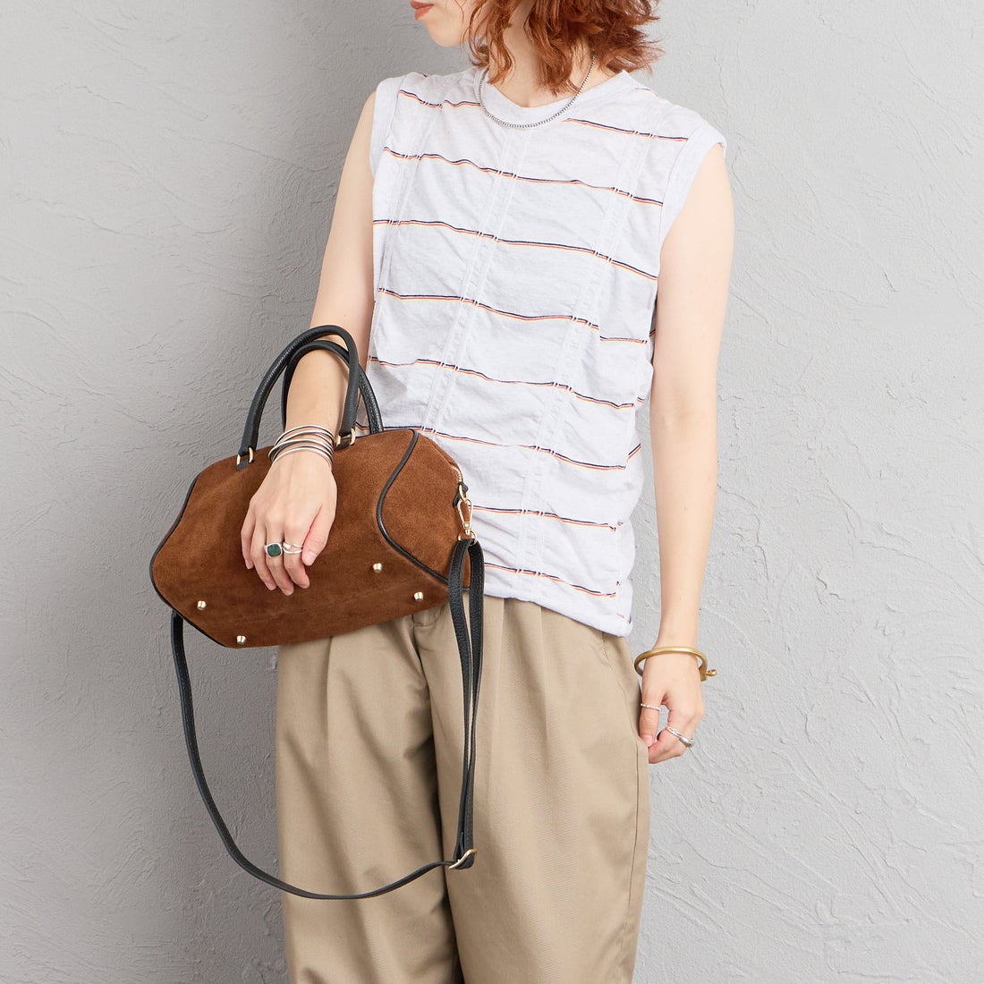 MEYAME [メヤメ] タックジャガードボーダーノースリーブトップス [MEY-2404] H.GREY &&モデル身長：158cm 着用サイズ：F&&