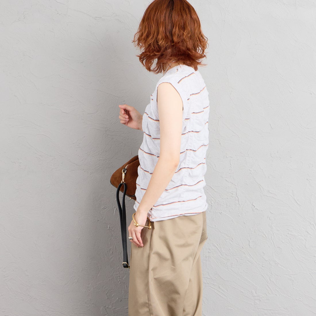 MEYAME [メヤメ] タックジャガードボーダーノースリーブトップス [MEY-2404] H.GREY &&モデル身長：158cm 着用サイズ：F&&