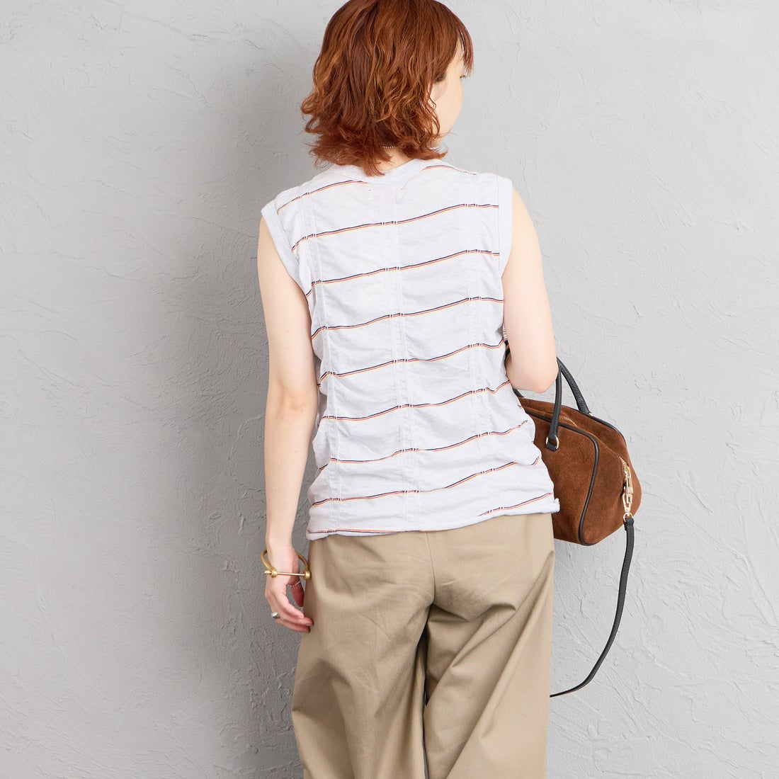 MEYAME [メヤメ] タックジャガードボーダーノースリーブトップス [MEY-2404] H.GREY &&モデル身長：158cm 着用サイズ：F&&